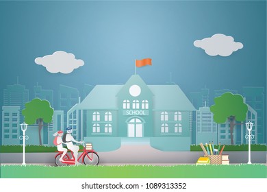 Back to school education concept with Students cycling on the street in front of the school.vector and illustration.