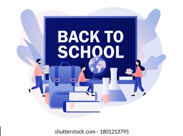 Back to School. Education concept. Tiny people with big blackboard, backpack, educational tools, school stationery, globe and books. Modern flat cartoon style. Vector illustration on white background