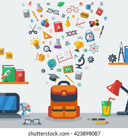 Back To School Education Concept. Vector Illustration. Child backpack collecting flat icons. Pupil workplace