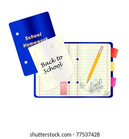 A back to school or education concept vector with notepad and other school stationary isolated on white