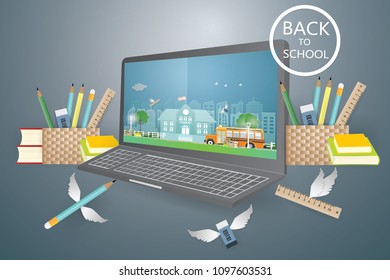Back to school education concept with view of SCHOOL BUS in LAPTOP and book,eraser,ruler on gray background,vector and illustration.