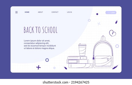 Back to school or school education concept. Web banner template for landing page and mobile app development with hand drawn doodle style books, cup of coffee, backpack and school notebook background. 