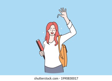 Back to school and education concept. Young happy positive schoolchild girl cartoon character standing looking and waving hand feeling positive vector illustration 