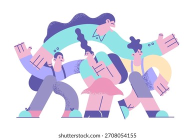 Regreso a la escuela y concepto de educación. Joven mujer sonriente profesora personaje de dibujos animados de pie abrazando grupo de niños alumnos en el aula en la Ilustración vectorial de la escuela
