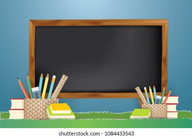 Back to school education concept.PENCILS,RULER,ERASER in the wooden basket and blackboard on  green grass,Vector and illustration.