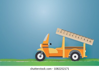 Back to school education concept.Ruler on mini truck with three wheels,Vector and illustration.
