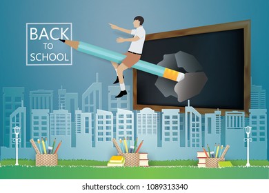Back to school education concept.Student riding a pencil  move ejected from the blackboard and go to the school,vector and illustration.
