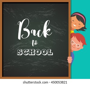 back to school - education, creativity and science concept illustration, poster with kids, boy girl