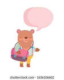 back to school education cute bear with bag and clothes talk bubble vector illustration