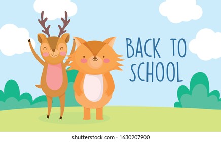 back to school education cute deer and fox outdoor vector illustration