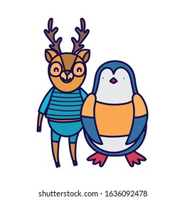 back to school education cute deer and penguin with clothes lovely vector illustration