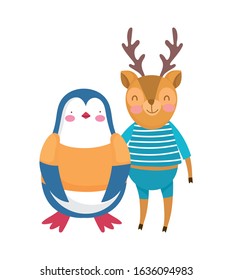 back to school education cute deer and penguin with clothes lovely vector illustration