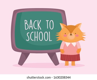 back to school education cute fox female with chalkboard vector illustration
