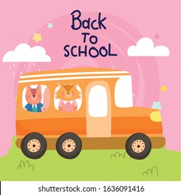 back to school education cute fox and squirrel in the bus vector illustration