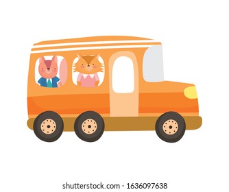 back to school education cute fox and squirrel in the bus transport vector illustration