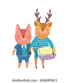 back to school education cute little deer with handbag and squirrel vector illustration