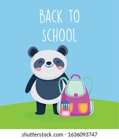 back to school education cute little panda with bag and pencils color in box vector illustration