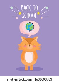 back to school education cute little fox thinking globe map vector illustration