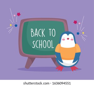 back to school education cute little penguin with chalkboard vector illustration