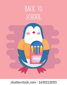 back to school education cute penguin with pencils color in box vector illustration