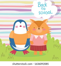 back to school education cute penguin and fox cartoon stripes background vector illustration