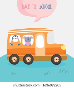 back to school education cute penguin and koala in bus transport vector illustration