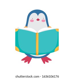 back to school education cute penguin reading book class vector illustration