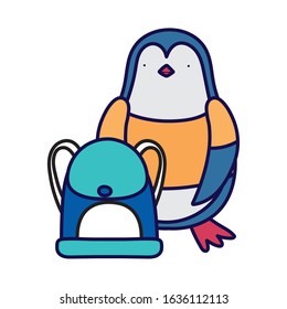 back to school education cute penguin with shirt and backpack vector illustration