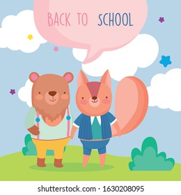 back to school education cute squirrel and bear outdoor cartoon vector illustration