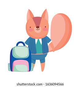 back to school education cute squirrel with clothes and schoolbag vector illustration