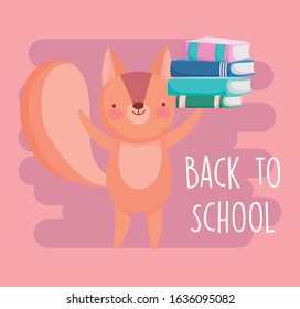 back to school education cute squirrel with stacked of books vector illustration
