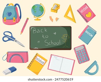 back to school, school and education cute stickers template set, textbooks, stationery supply, objects, pencil, backpack, pencil box, ruler, calculator, sharpener, scissors, globe, eraser