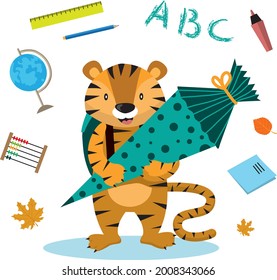 Back to school education cute Tiger with school bag and school cone, vector illustration.