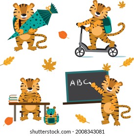 Back to school education cute tiger with school bag, school cone, blackboard and scooter vector illustration.