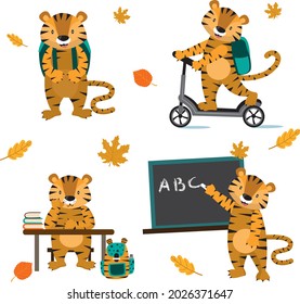 Back to school education cute tiger with school bag, school cone, blackboard and scooter vector illustration.