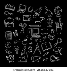 Back to school and education doodle elements. Vector illustration in line with black background