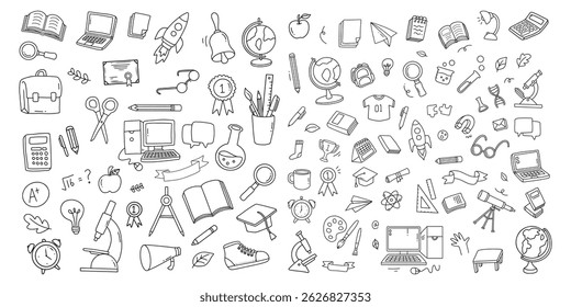 Back to school and education doodle elements. Vector illustration in line