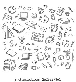 De volta à escola e à educação rabiscar elementos. Ilustração vetorial na linha