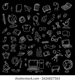 Regreso a la escuela y Elementos de doodle de educación. Ilustración vectorial en línea con fondo negro