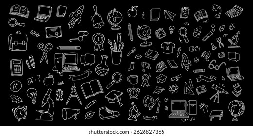 Back to school and education doodle elements. Vector illustration in line with black background