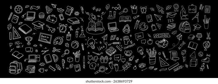 Back to school and education doodle elements. Vector illustration in line with black background