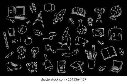 Back to school and education doodle elements in black background
