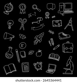 Back to school and education doodle elements in black background