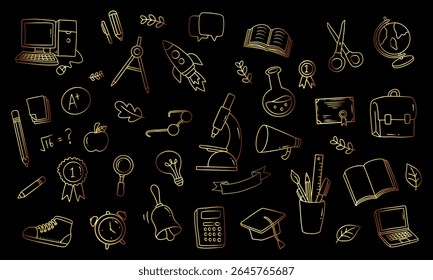 Back to school and education doodle elements in black background