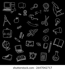 Back to school and education doodle elements in black background