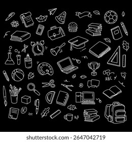 Back to school and education doodle elements in black background