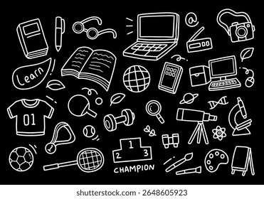 Back to school and education doodle elements in black background