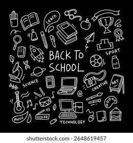 Back to school and education doodle elements in black background in black background