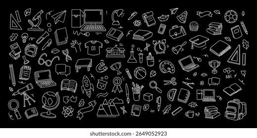 Back to school and education doodle elements in black background