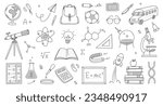 Back to school education doodle icon. Hand drawn line doodle sketch style back to school illustration. Hand drawn book, bag, globe education elements background. Vector illustration.